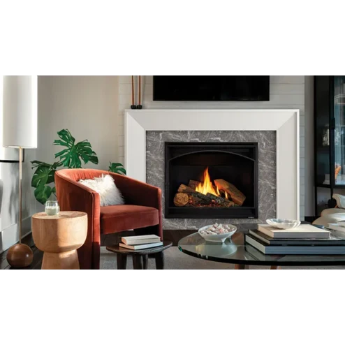 Front view of the Heat & Glo 8KX 42-inch direct vent gas fireplace showcasing its vibrant flame display, realistic log set, and a mirror-like 2-Sided Reflective Black Glass interior lining that multiplies the fire's reflection.