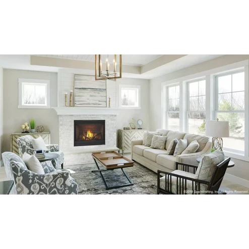 Front view of the Heat & Glo SlimLine 5X 32-inch direct vent gas fireplace showcasing its slender depth, glowing ember bed, highly detailed ceramic Birch logs, and mirror-like reflective black glass interior panels.
