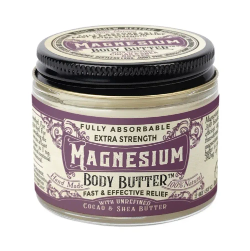 Jar of natural Magnesium Body Butter made with unrefined shea, cocoa, and mango butter.