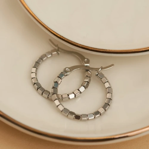 Modern square beaded hoop earrings with a textured finish, crafted to be waterproof and tarnish-resistant for everyday wear.