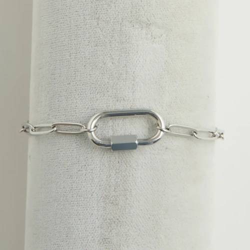 Close-up view of a waterproof stainless steel paperclip chain bracelet featuring a secure carabiner clasp against a clean neutral background.