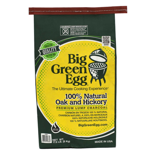 A large bag of Big Green Egg 100% Natural Oak & Hickory Lump Charcoal, showcasing the signature green branding on a clean background.