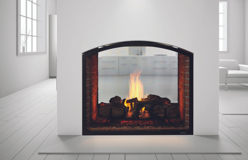 Premium two-sided Heat & Glo Escape 42-inch see-through direct vent gas fireplace showcasing a bold flame presentation with realistic ceramic logs and a glowing LED ember bed visible from multiple angles.