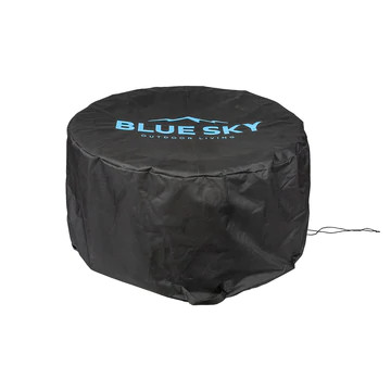 A heavy-duty, weather-resistant black protective fabric cover fitted over the Blue Sky Mammoth Patio Fire Pit.