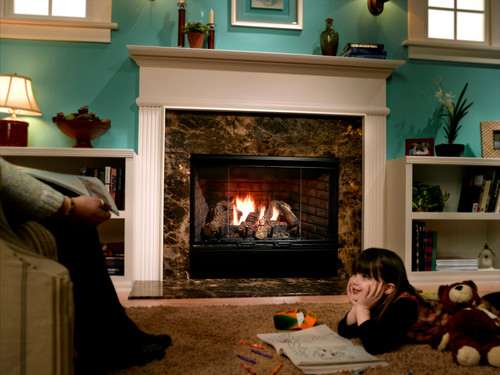 Front view of an open-hearth Reveal 42-inch B-vent natural gas fireplace featuring a realistic textured 6-piece ceramic log set, radiant yellow flames, and a classic traditional brick refractory lining.