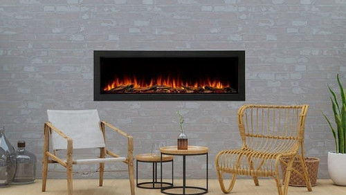 Weatherproof SimpliFire Forum 43-inch linear outdoor electric fireplace built flush into a stone patio wall, displaying bright blue and orange LED flames.