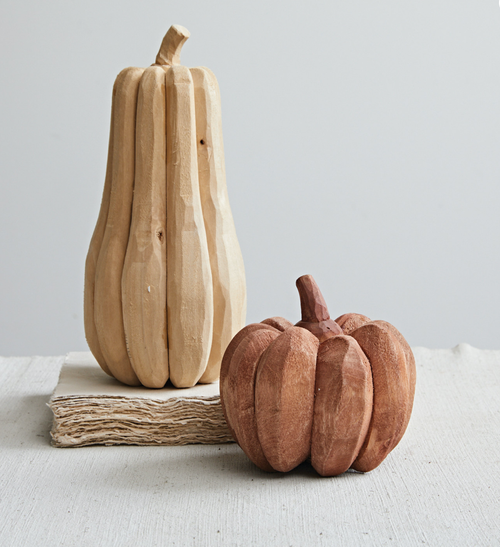 Tall Hand-Carved Poplar Wood Pumpkin - Natural