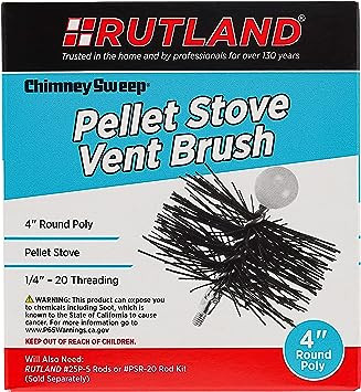 4-inch round poly pellet stove chimney cleaning brush with durable yellow/black polypropylene bristles and a 1/4-inch threaded metal connector fitting.