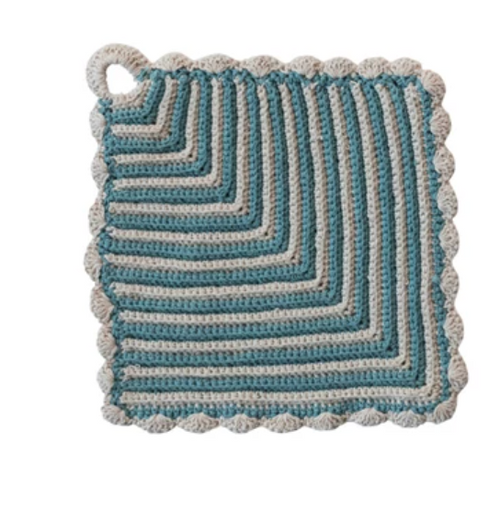 Cotton Crocheted Pot Holder - Teal and Cream