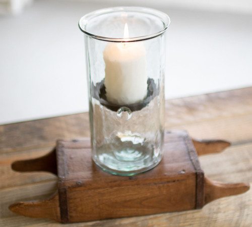 Handblown Glass Hurricane Candleholder With Rustic Tray - 12"