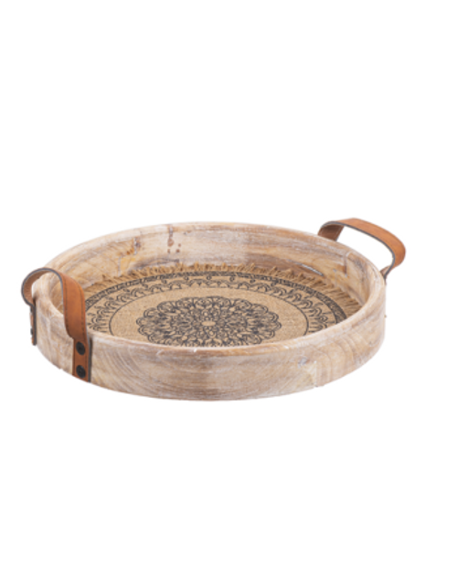 Round Medallion Tray with Leather Handle - Small