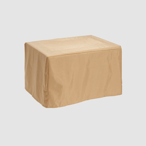 The CVR5132 tan rectangular protective cover cleanly fitted over an outdoor fire pit table.