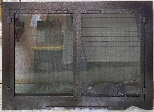 Clearance Custom Glass Fireplace Door (CL137) highlighting a distinctive textured Silver Vein frame with inset cabinet-style glass doors and built-in protective mesh.