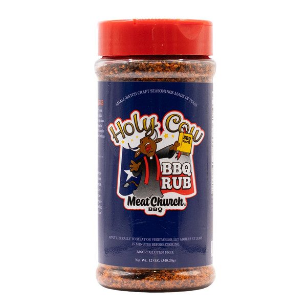 12-ounce shaker bottle of Meat Church Holy Cow BBQ Rub and Seasoning.