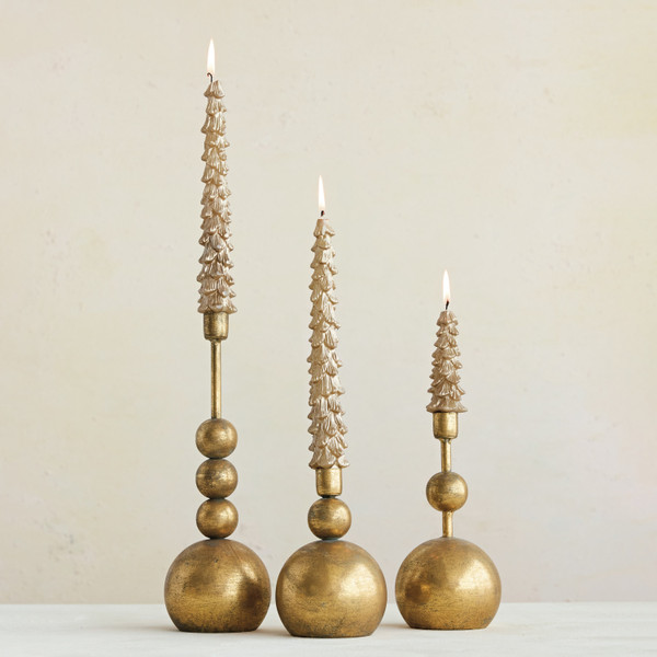 Gold Orb Taper Holder in an Antique Gold finish, model BSXT0199, featuring a sturdy iron construction, a distinctive central orb on a slender stem, and a round base for table decoration.