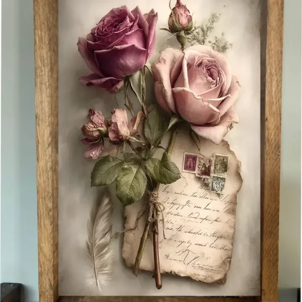 Rustic farmhouse wall sign featuring soft pink and mauve vintage roses arranged over an antique handwritten letter with vintage postage stamps and a delicate feather in a natural wood frame.