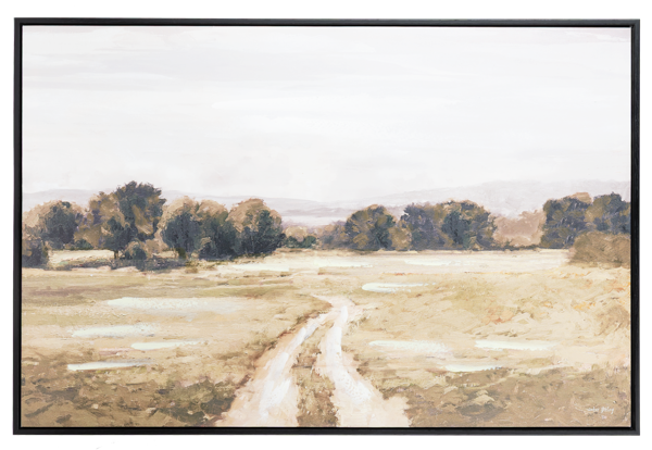An elegant landscape artwork titled 'Morning Mist on the Meadow' depicting a peaceful, foggy field with a rustic path winding through soft grass under a hazy morning sky.