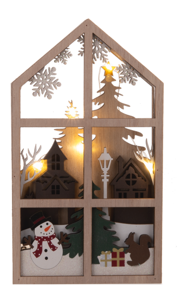 An intricately designed, multi-layered laser-cut wooden holiday display featuring a glowing winter woodland scene with a cheerful snowman, silhouette trees, and soft internal LED illumination creating a warm alpine glow.
