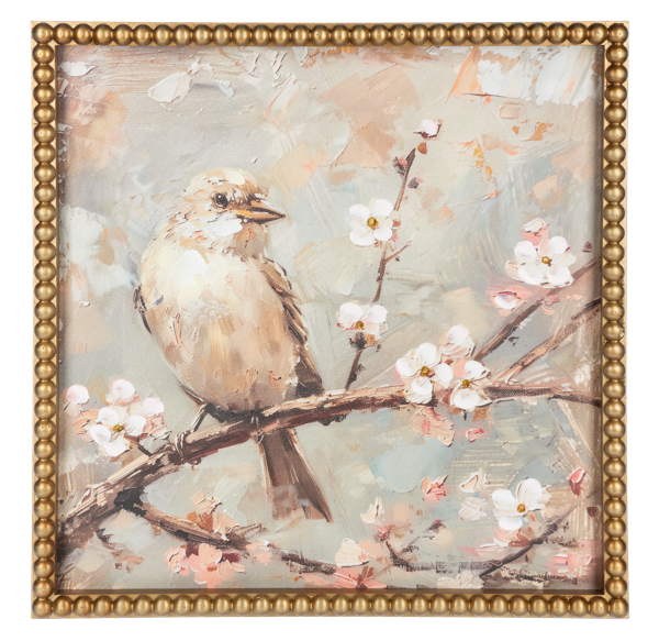 An elegant botanical artwork titled 'Bird on Luminous Bloom - I' depicting a detailed, small bird perched gracefully on a vibrant, softly glowing flower blossom.