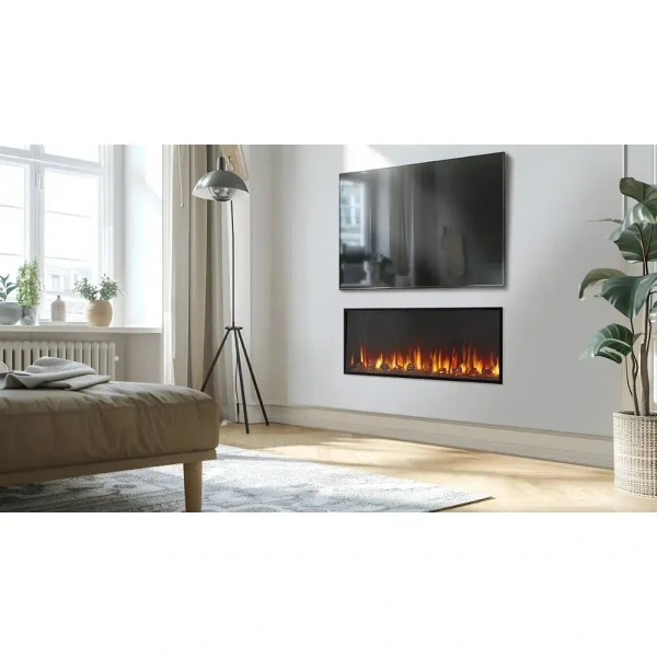 A premium 55-inch SimpliFire Scion linear electric fireplace fully recessed into a living room wall, showing vibrant multicolor LED flames over a crystal ember bed.
