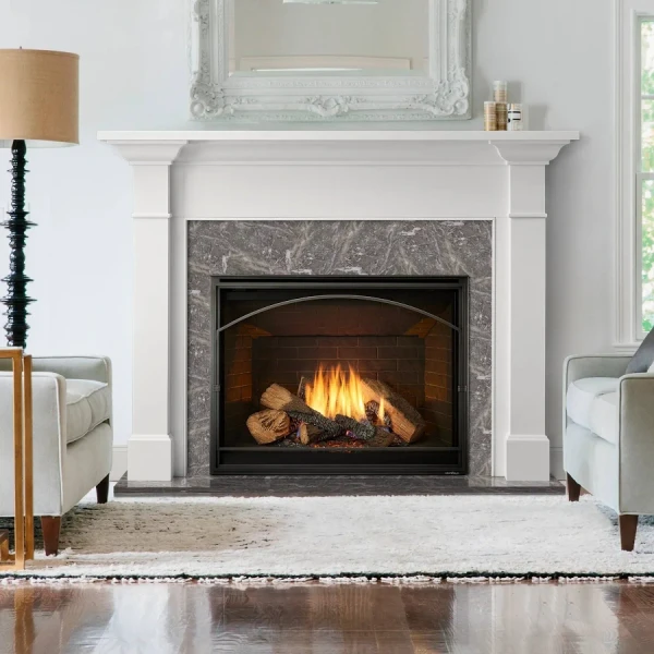A traditional Heat & Glo 8K 42-inch direct vent propane gas fireplace showcasing a massive viewing window, vibrant yellow flames, and realistic glowing logs.