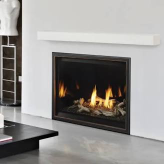 Heat & Glo 8KX 42-Inch Direct Vent Gas Fireplace featuring a modern herringbone Tranquil Greige interior liner accented by highly detailed glowing Birch logs.