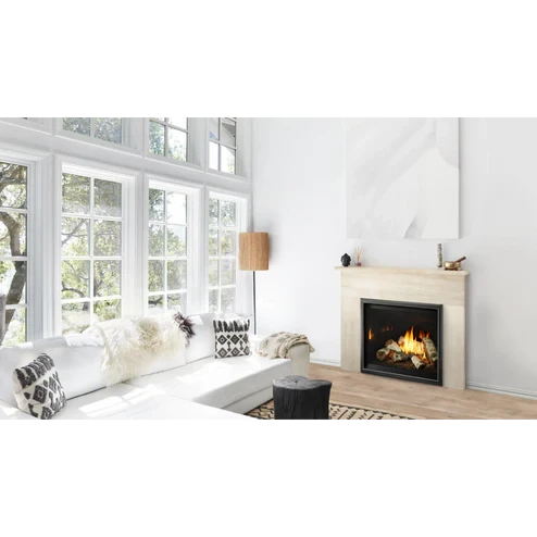 Front view of the Heat & Glo 8KX 42-inch direct vent gas fireplace showcasing its vibrant flame display, highly detailed realistic Birch log set, and a mirror-like 2-Sided Reflective Black Glass interior lining that multiplies the fire's reflection.
