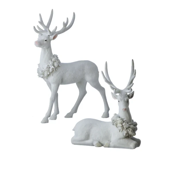 An elegant, detailed tabletop figurine of a standing holiday deer with a beautifully textured, frost-kissed rustic finish.