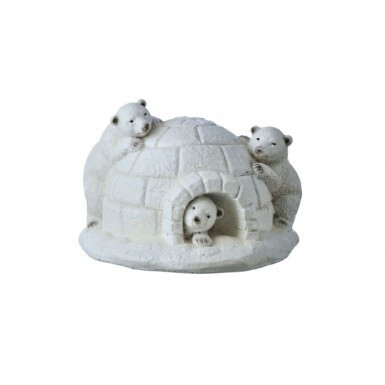 A charming textured white tabletop figurine showcasing a detailed snow igloo with two playful polar bear cubs climbing on and peering inside.