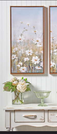 A beautiful vertical wall art piece depicting a vibrant, textured field of colorful cosmos wildflowers blooming in a serene open meadow.