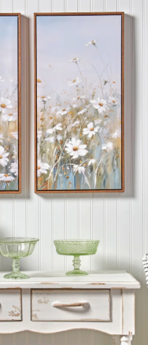 A beautiful vertical 14x28-inch wall art piece depicting a vibrant, textured field of colorful cosmos wildflowers blooming in a serene open meadow.