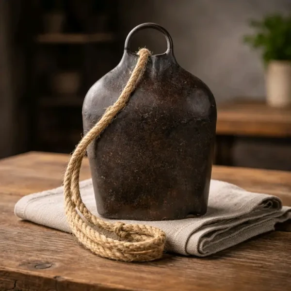 An antique-style iron bell featuring a weathered, dark finish and a rustic hanging rope. The piece measures 3 inches wide by 4 inches high, offering a classic farmhouse look perfect for tabletop or mantel displays.