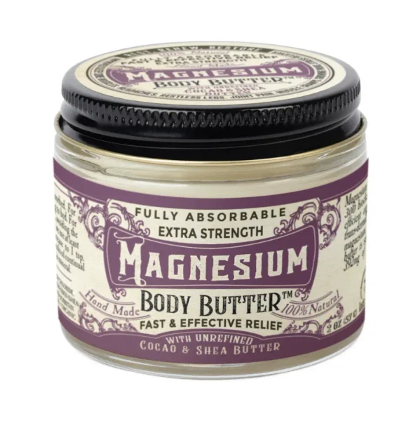 Jar of natural Magnesium Body Butter made with unrefined shea, cocoa, and mango butter.