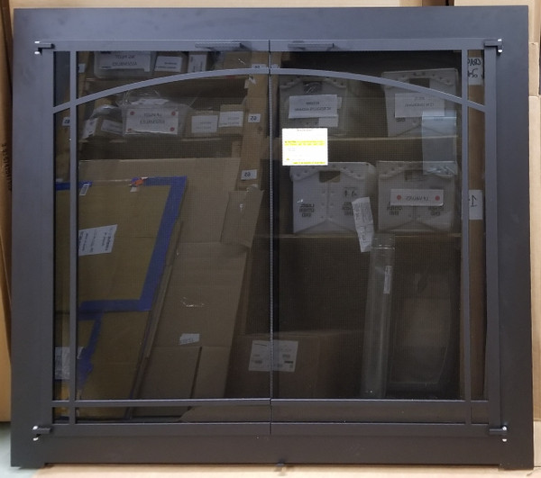 Clearance Custom Glass Fireplace Door (CL120) featuring a bold Matte Black frame with elegant Arch Window Bar Iron detailing over clear glass cabinet doors.