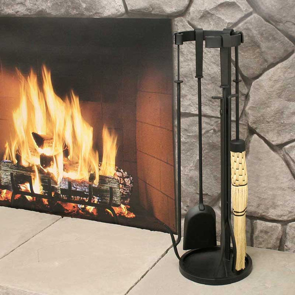 Pilgrim Mid-Century modern 5-piece fireplace tool set with a sleek burnished black stand, poker, shovel, tongs, and natural fiber broom.