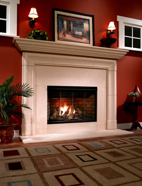 Front view of an open-hearth Heat & Glo Reveal 36-inch B-vent natural gas fireplace featuring a realistic textured log set, radiant yellow flames, and a classic traditional brick refractory lining.