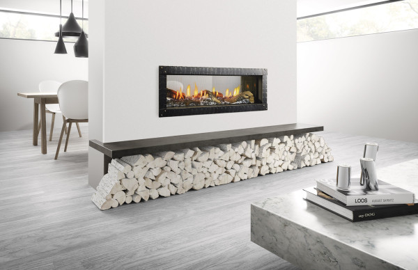 Front view of a Heat & Glo Mezzo 48-inch see-through linear direct vent natural gas fireplace showcasing a modern ribbon flame extending across a glass media bed, visible from two sides.