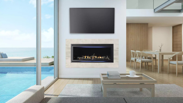 Front view of a COSMO 42-inch linear direct vent natural gas fireplace showcasing a modern, continuous ribbon flame spreading over reflective glass media.