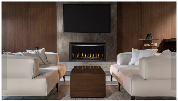 Front view of a COSMO 32-inch linear direct vent natural gas fireplace showcasing a modern, continuous ribbon flame spreading over black glass media.