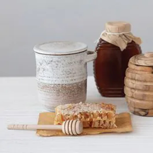 Rustic Stoneware Honey Jar with Wood Honey Dipper