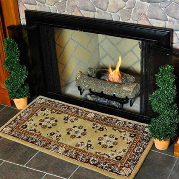 Beige Oriental Wool Hearth Rug, Rectangular