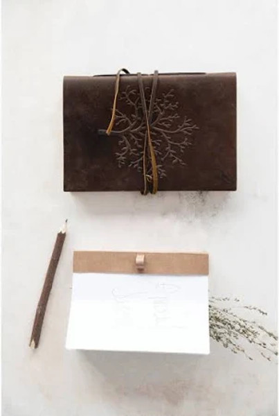 Leather Bound Journal with Handmade Paper, Embossed Tree and Tie