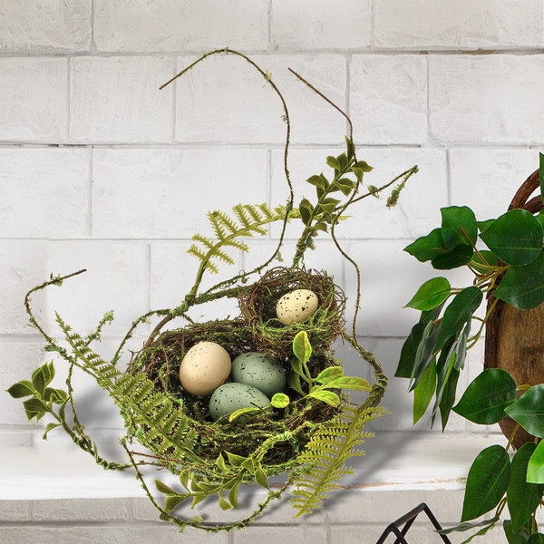 Fern and Double Bird Nest with Eggs