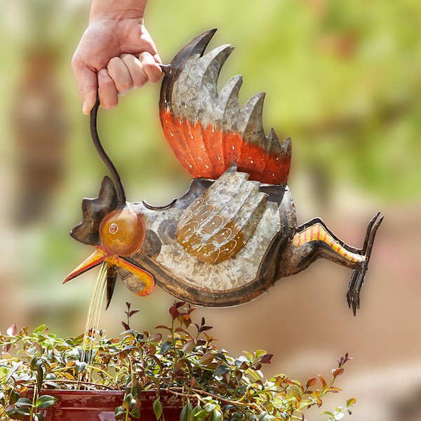 Whimsical Metal Rooster Animal Watering Can Garden Decoration