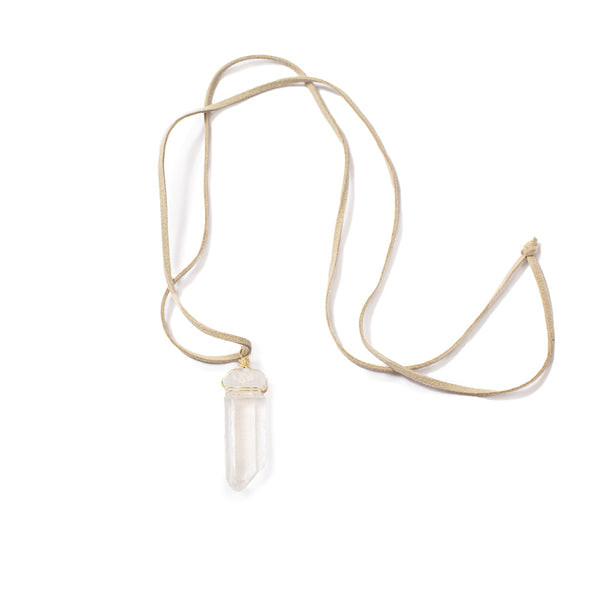 Clear Quartz and Ecru Suede Necklace