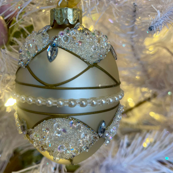 Glass Jewel & Pearl Egg Ornament - Champagne