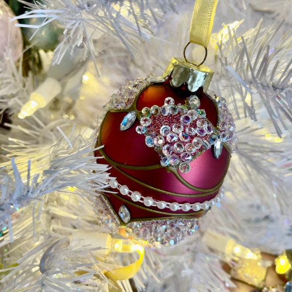 Glass Jewel & Pearl Egg Ornament - Rose