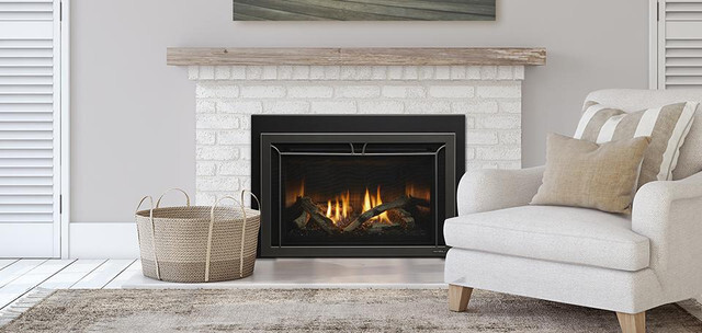 Cosmo gas fireplace insert installed in a finished fireplace