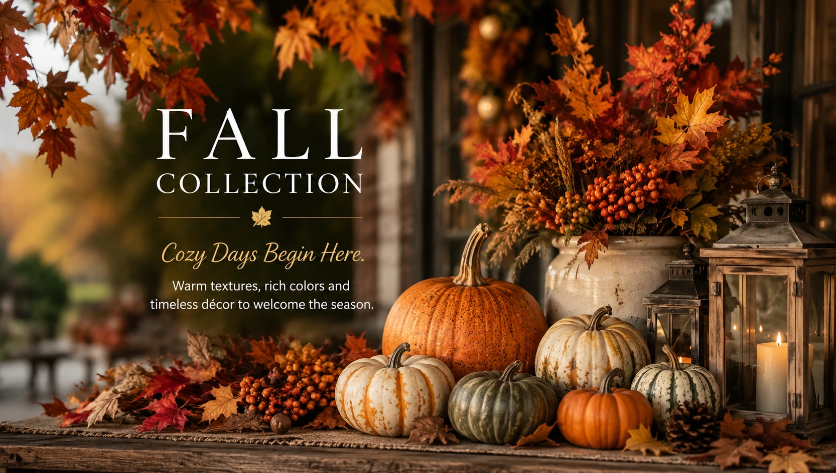 Black Swan Hearth and Home Fall Collection featuring pumpkins, autumn leaves, florals and lanterns