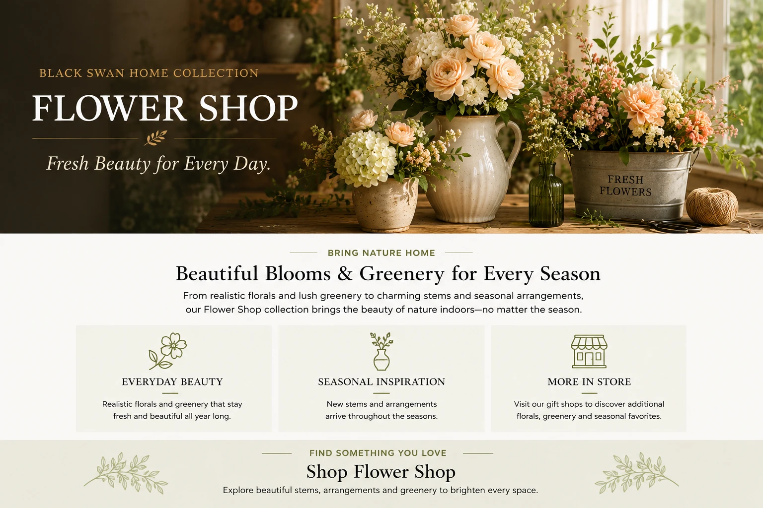 Black Swan Hearth and Home Flower Shop collection featuring florals, greenery, stems and seasonal arrangements